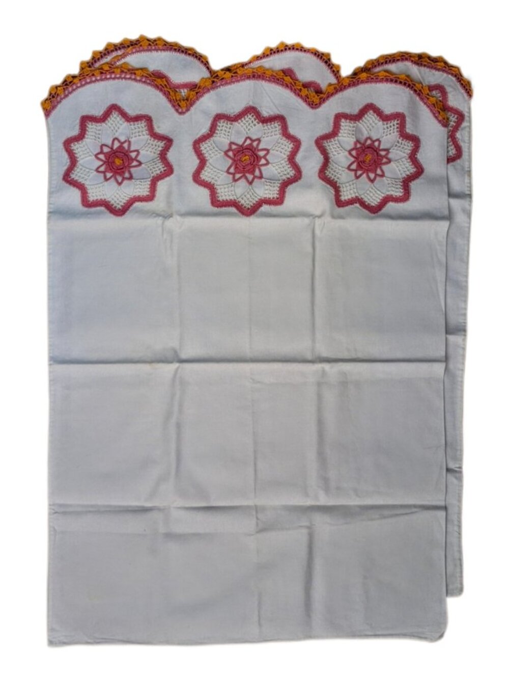 Vintage 50s Pair Pillowcases with Pink Crocheted Floral Medallions & Trim